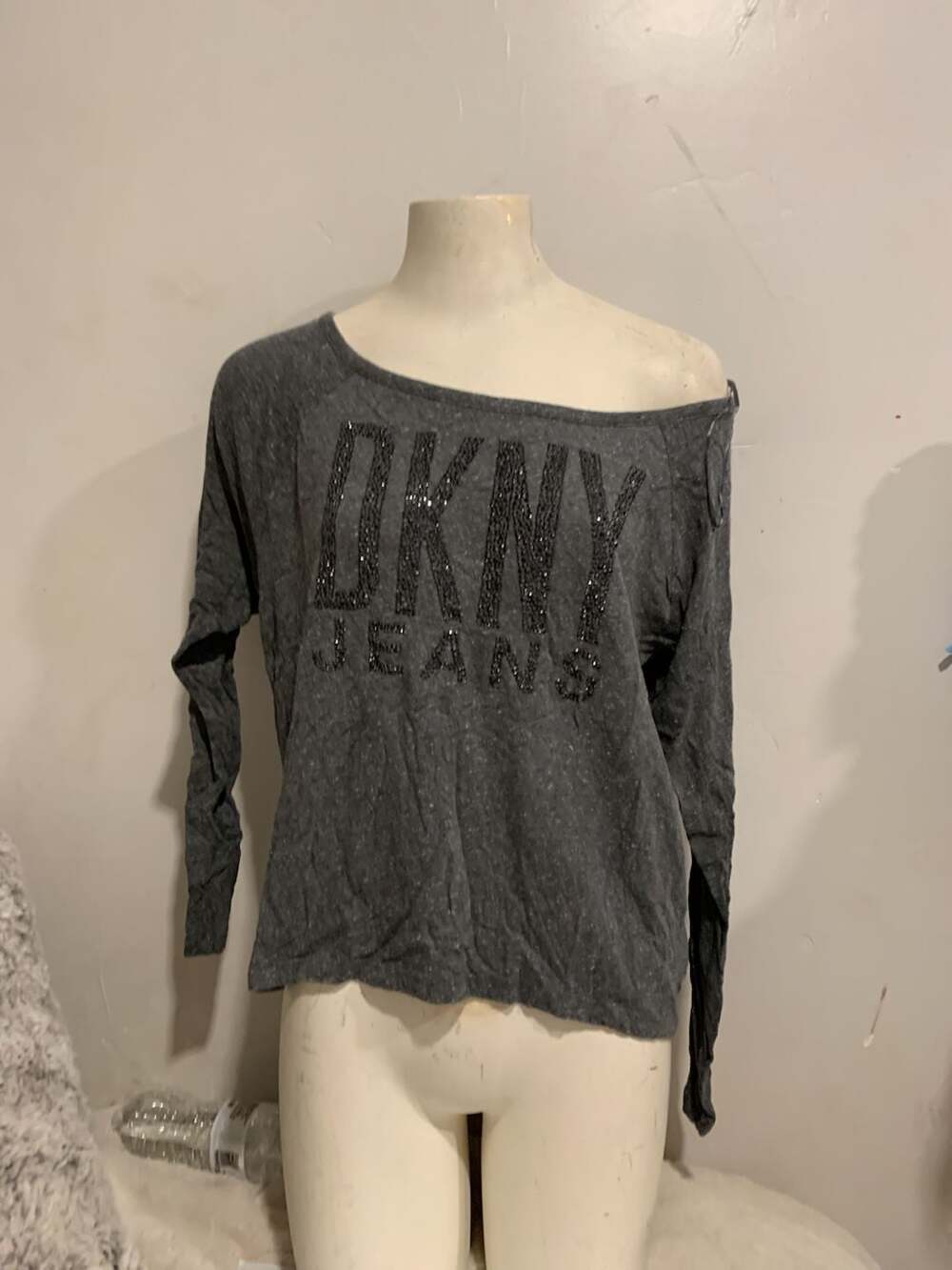 DKNY Jeans Long Sleeve Off Shoulder Top XS Gray Rhinestone Logo